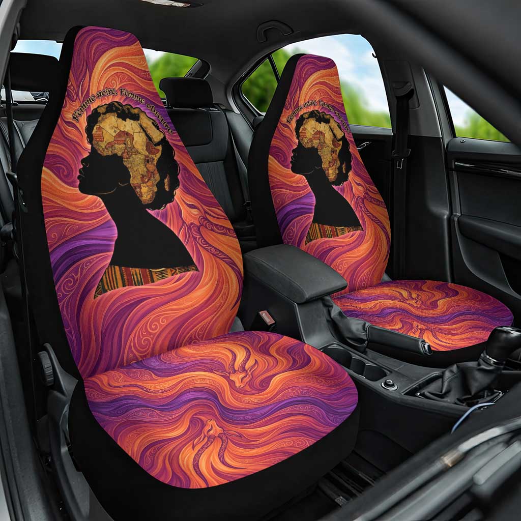 Léopold Sédar Senghor Car Seat Cover Femme Noire Silhouette with Africa Map Pattern Vibrant Swirl Background - Wonder Print Shop