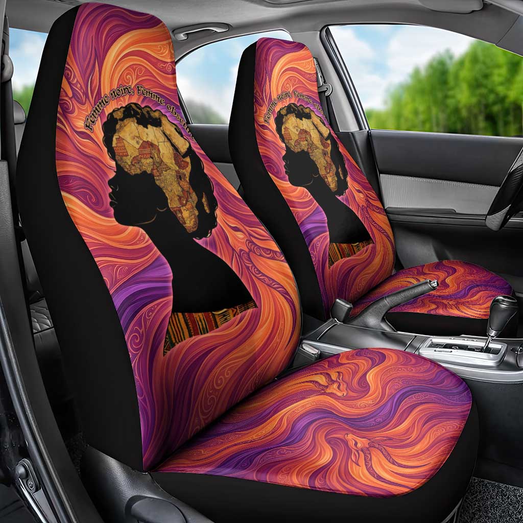 Léopold Sédar Senghor Car Seat Cover Femme Noire Silhouette with Africa Map Pattern Vibrant Swirl Background - Wonder Print Shop
