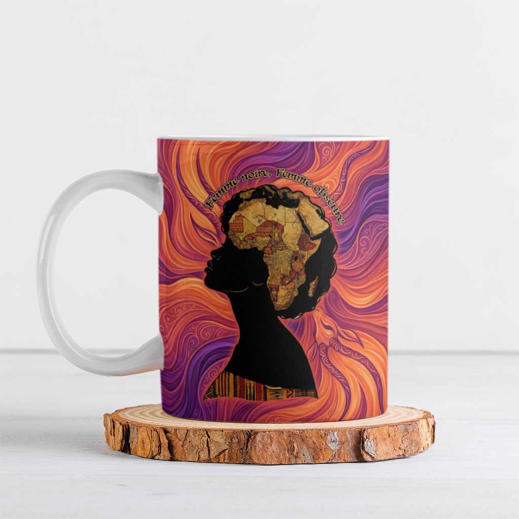 Léopold Sédar Senghor Ceramic Mug Femme Noire Silhouette with Africa Map Pattern Vibrant Swirl Background - Wonder Print Shop