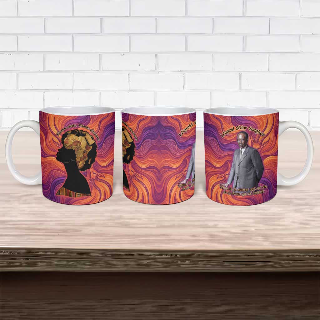 Léopold Sédar Senghor Ceramic Mug Femme Noire Silhouette with Africa Map Pattern Vibrant Swirl Background - Wonder Print Shop