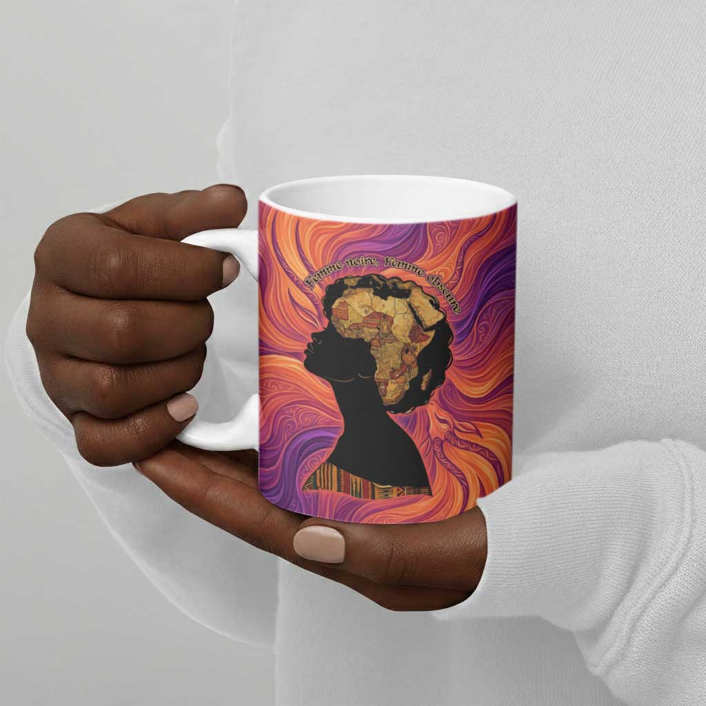 Léopold Sédar Senghor Ceramic Mug Femme Noire Silhouette with Africa Map Pattern Vibrant Swirl Background - Wonder Print Shop