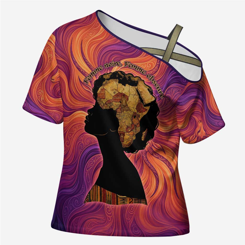 Léopold Sédar Senghor Cross Shoulder Shirt Femme Noire Silhouette with Africa Map Pattern Vibrant Swirl Background - Wonder Print Shop
