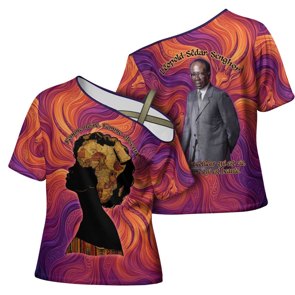 Léopold Sédar Senghor Cross Shoulder Shirt Femme Noire Silhouette with Africa Map Pattern Vibrant Swirl Background - Wonder Print Shop