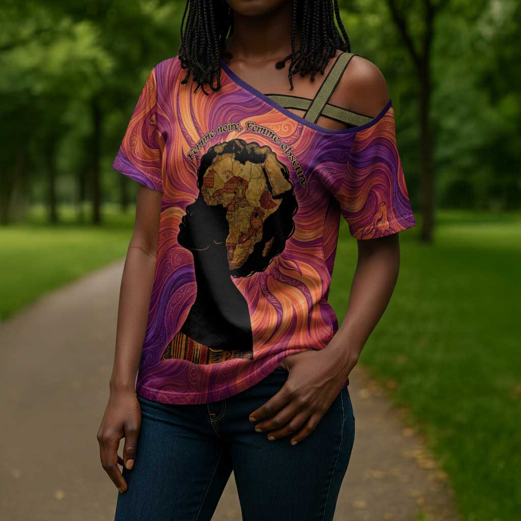 Léopold Sédar Senghor Cross Shoulder Shirt Femme Noire Silhouette with Africa Map Pattern Vibrant Swirl Background - Wonder Print Shop