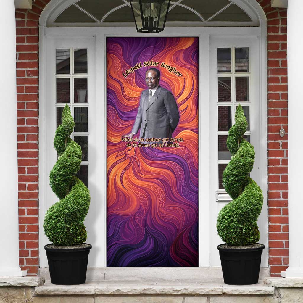 Léopold Sédar Senghor Door Cover Femme Noire Silhouette with Africa Map Pattern Vibrant Swirl Background - Wonder Print Shop