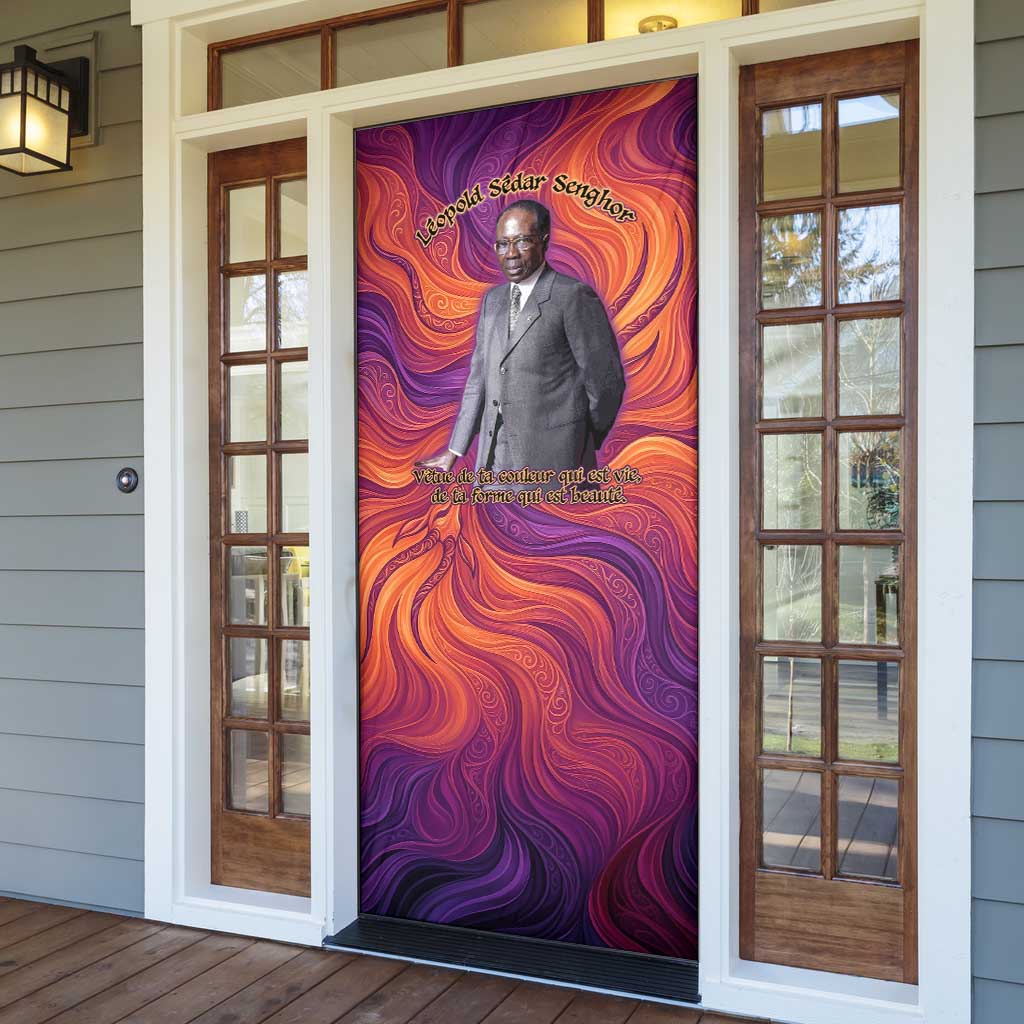 Léopold Sédar Senghor Door Cover Femme Noire Silhouette with Africa Map Pattern Vibrant Swirl Background - Wonder Print Shop