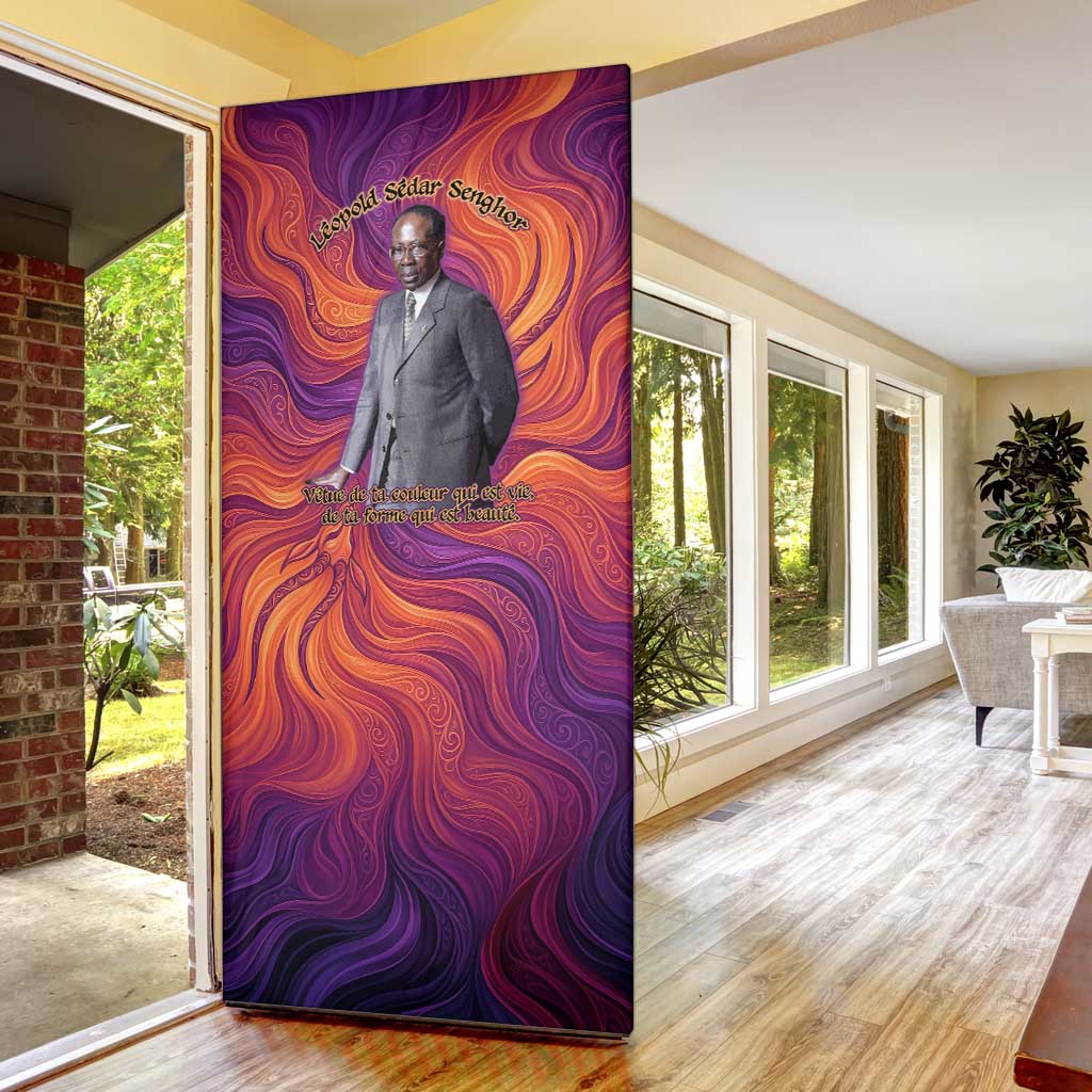 Léopold Sédar Senghor Door Cover Femme Noire Silhouette with Africa Map Pattern Vibrant Swirl Background - Wonder Print Shop
