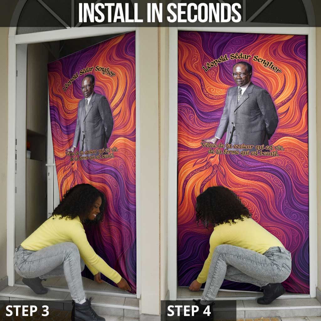 Léopold Sédar Senghor Door Cover Femme Noire Silhouette with Africa Map Pattern Vibrant Swirl Background - Wonder Print Shop