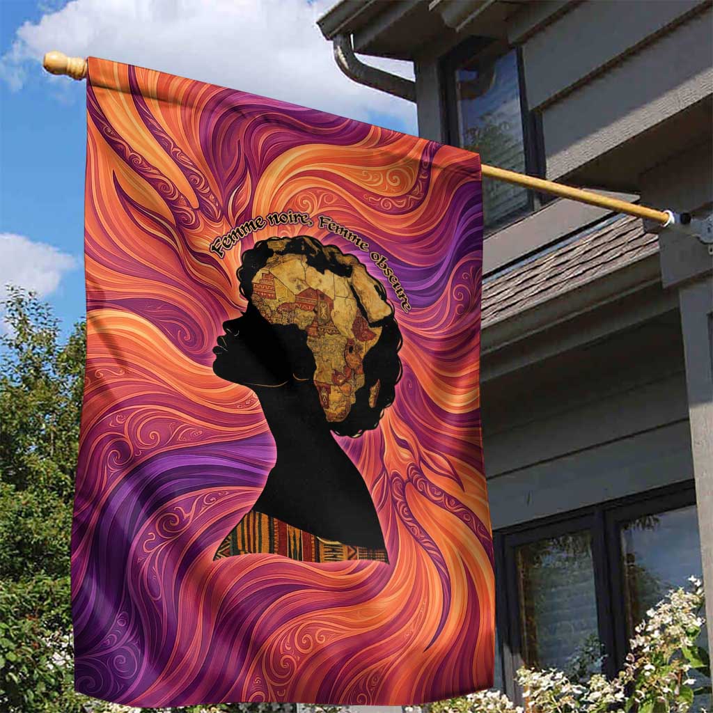 Léopold Sédar Senghor Garden Flag Femme Noire Silhouette with Africa Map Pattern Vibrant Swirl Background - Wonder Print Shop