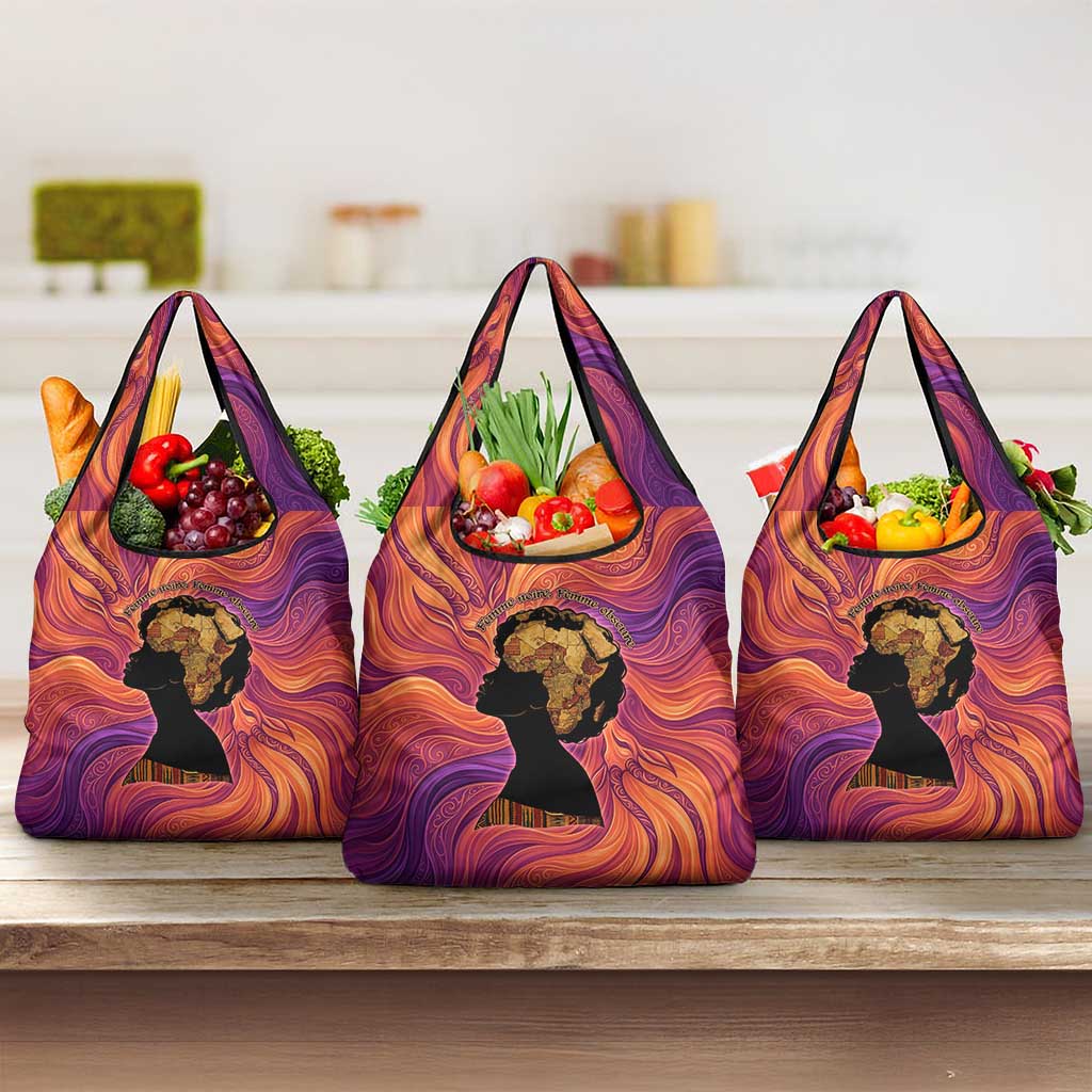 Léopold Sédar Senghor Grocery Bag Femme Noire Silhouette with Africa Map Pattern Vibrant Swirl Background - Wonder Print Shop