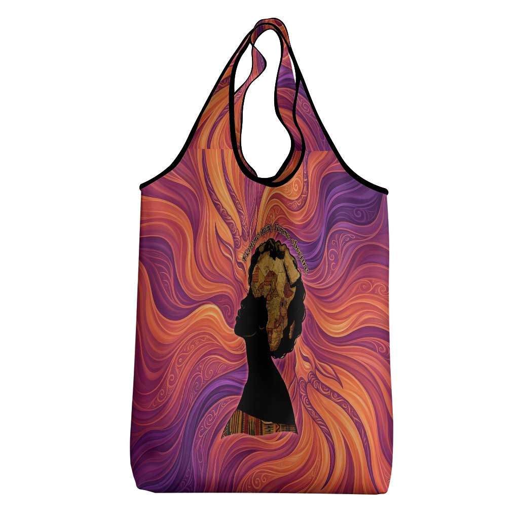 Léopold Sédar Senghor Grocery Bag Femme Noire Silhouette with Africa Map Pattern Vibrant Swirl Background - Wonder Print Shop