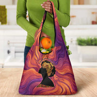 Léopold Sédar Senghor Grocery Bag Femme Noire Silhouette with Africa Map Pattern Vibrant Swirl Background - Wonder Print Shop