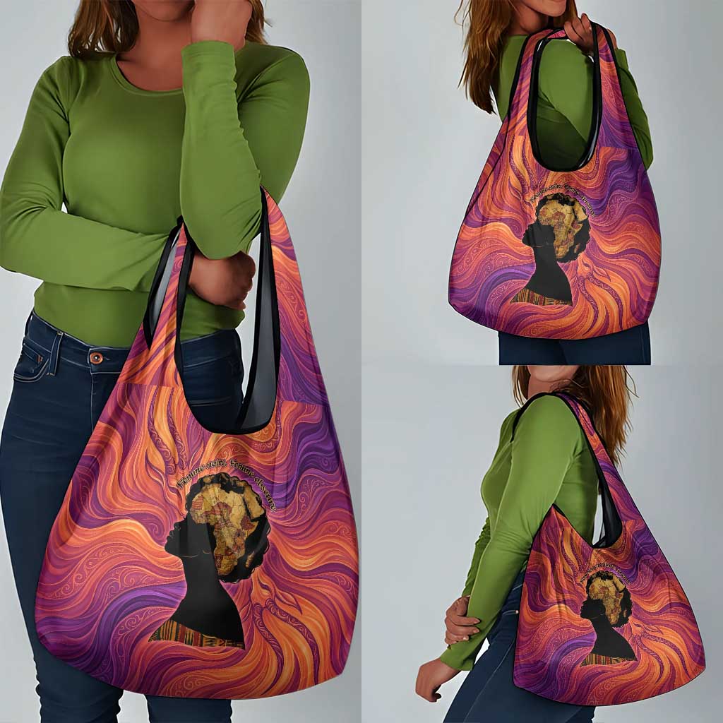 Léopold Sédar Senghor Grocery Bag Femme Noire Silhouette with Africa Map Pattern Vibrant Swirl Background - Wonder Print Shop