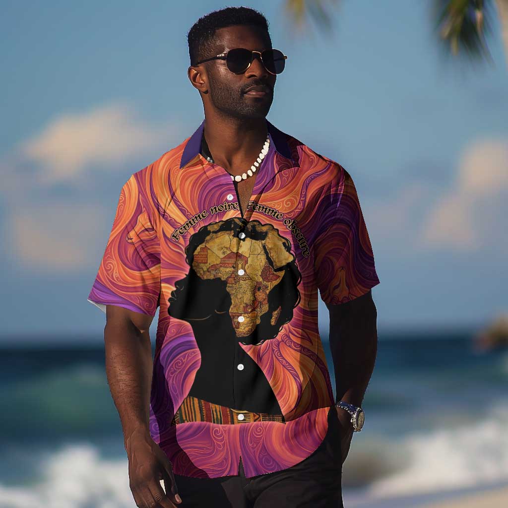 Léopold Sédar Senghor Hawaiian Shirt Femme Noire Silhouette with Africa Map Pattern Vibrant Swirl Background - Wonder Print Shop