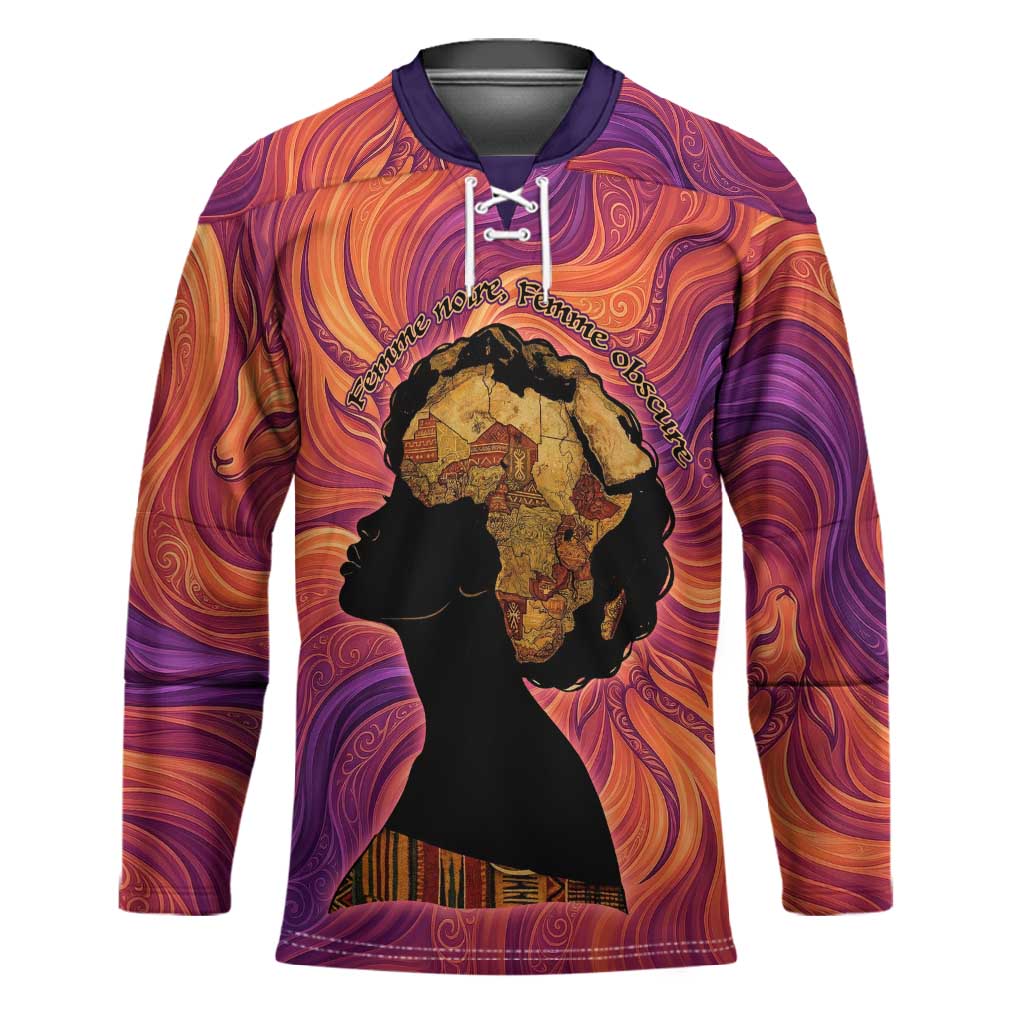 Léopold Sédar Senghor Hockey Jersey Femme Noire Silhouette with Africa Map Pattern Vibrant Swirl Background - Wonder Print Shop