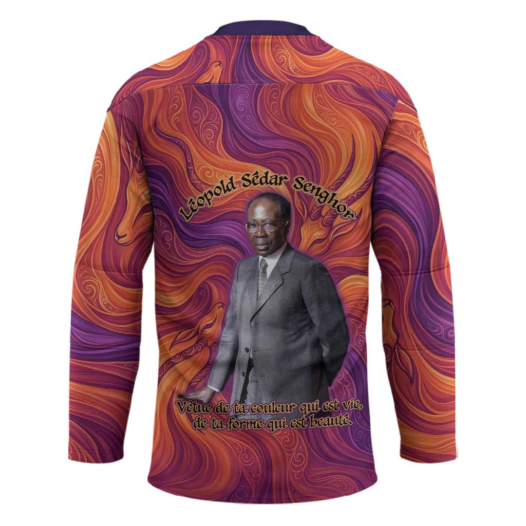Léopold Sédar Senghor Hockey Jersey Femme Noire Silhouette with Africa Map Pattern Vibrant Swirl Background - Wonder Print Shop