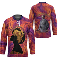 Léopold Sédar Senghor Hockey Jersey Femme Noire Silhouette with Africa Map Pattern Vibrant Swirl Background - Wonder Print Shop