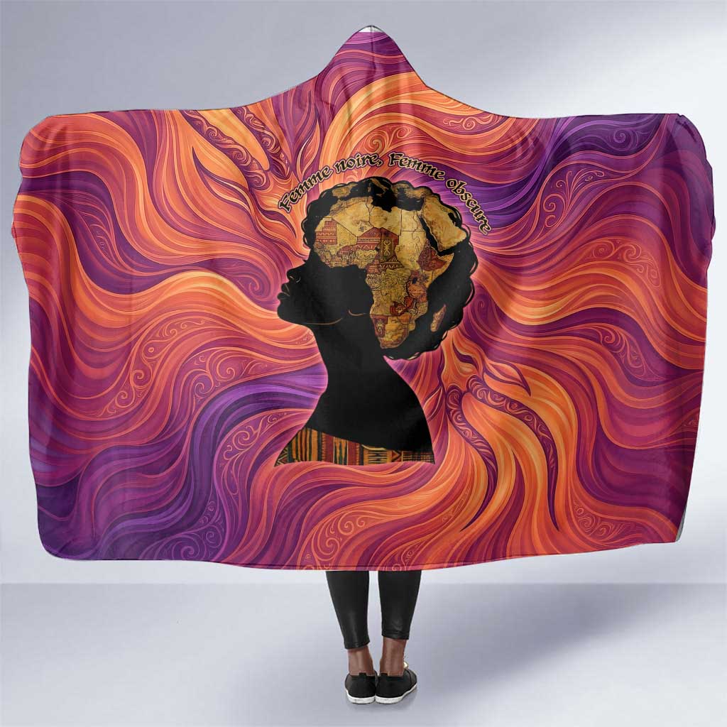 Léopold Sédar Senghor Hooded Blanket Femme Noire Silhouette with Africa Map Pattern Vibrant Swirl Background - Wonder Print Shop