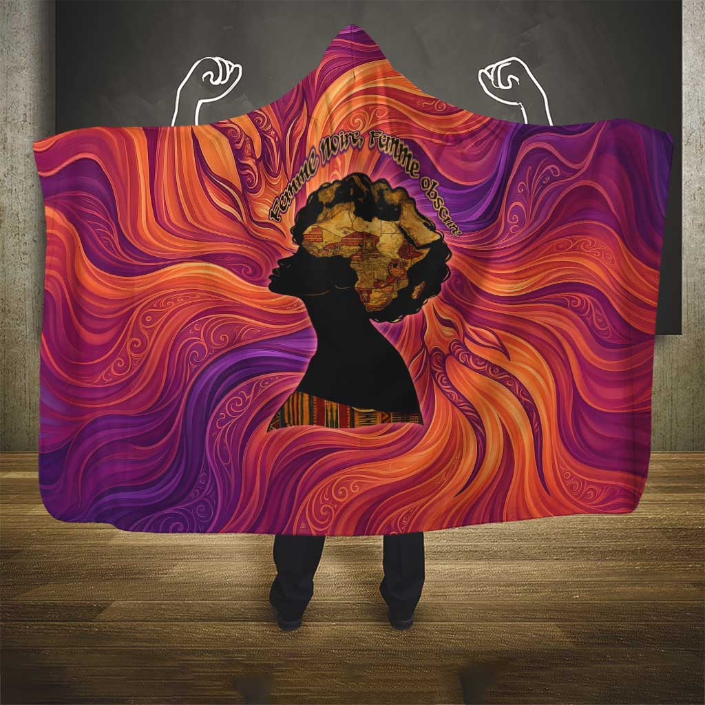 Léopold Sédar Senghor Hooded Blanket Femme Noire Silhouette with Africa Map Pattern Vibrant Swirl Background - Wonder Print Shop