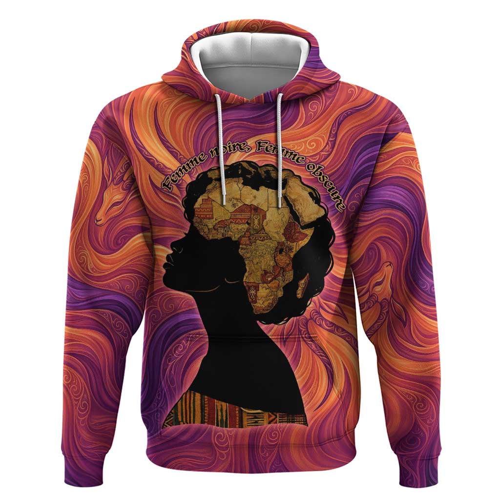 Léopold Sédar Senghor Hoodie Femme Noire Silhouette with Africa Map Pattern Vibrant Swirl Background - Wonder Print Shop