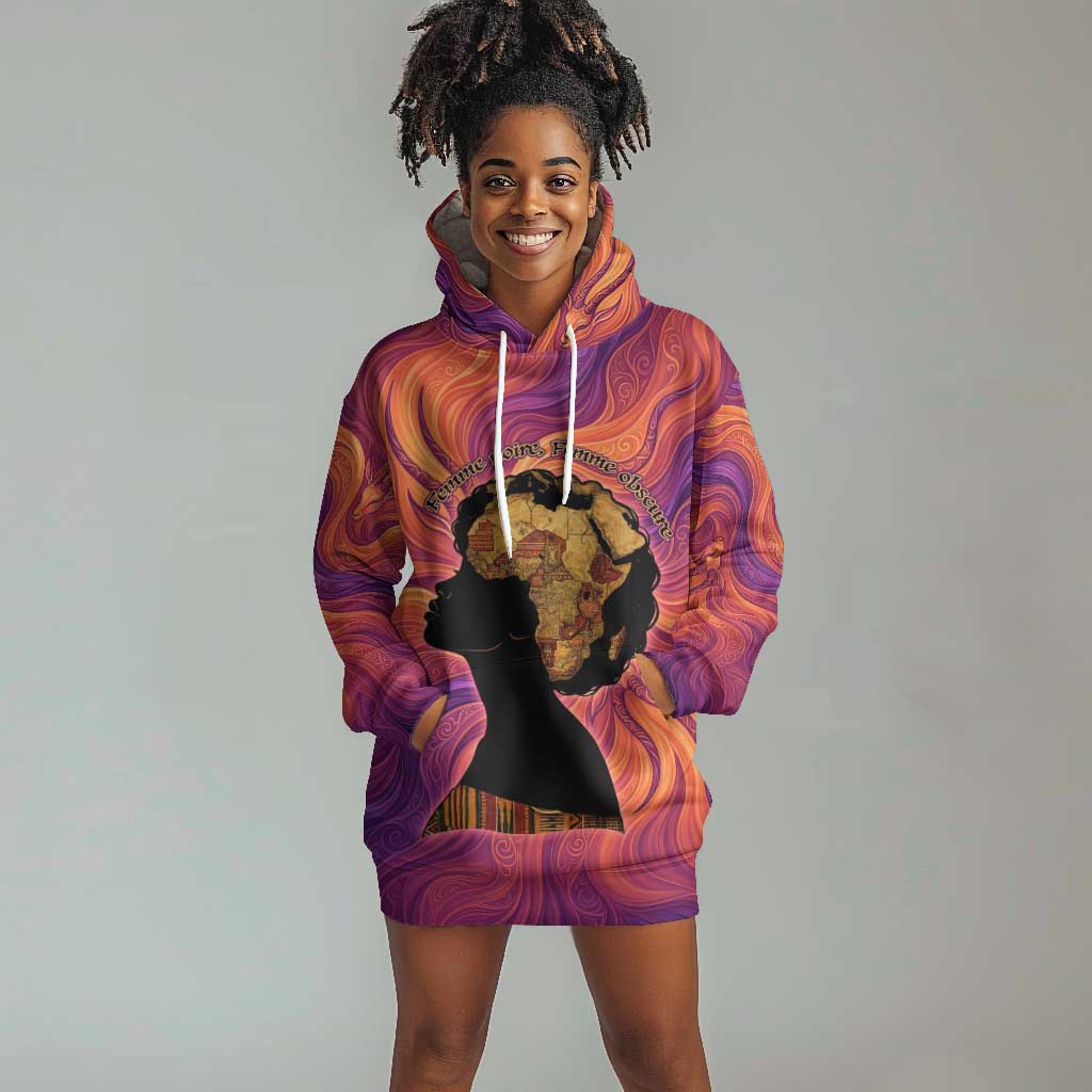 Léopold Sédar Senghor Hoodie Dress Femme Noire Silhouette with Africa Map Pattern Vibrant Swirl Background - Wonder Print Shop