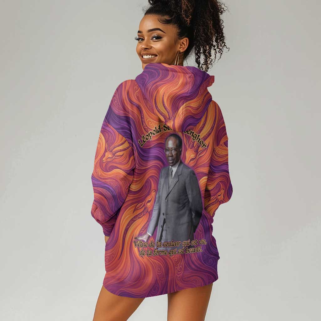 Léopold Sédar Senghor Hoodie Dress Femme Noire Silhouette with Africa Map Pattern Vibrant Swirl Background - Wonder Print Shop