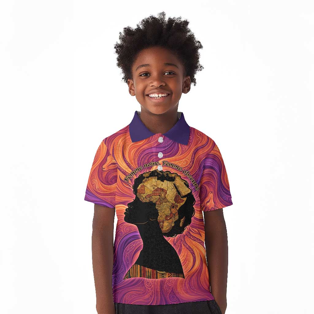 Léopold Sédar Senghor Kid Polo Shirt Femme Noire Silhouette with Africa Map Pattern Vibrant Swirl Background - Wonder Print Shop