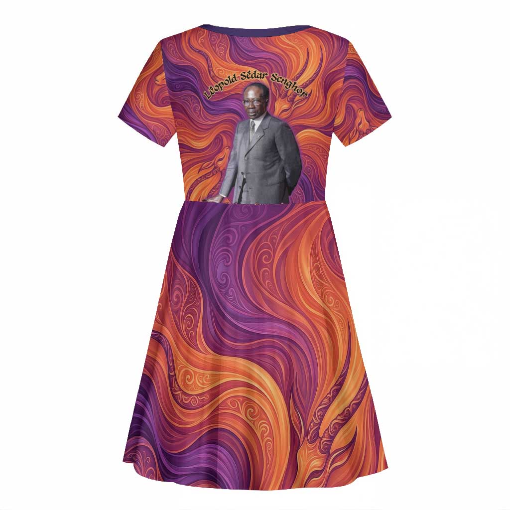 Léopold Sédar Senghor Kid Short Sleeve Dress Femme Noire Silhouette with Africa Map Pattern Vibrant Swirl Background - Wonder Print Shop