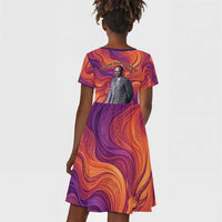 Léopold Sédar Senghor Kid Short Sleeve Dress Femme Noire Silhouette with Africa Map Pattern Vibrant Swirl Background - Wonder Print Shop