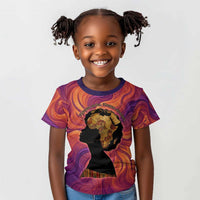 Léopold Sédar Senghor Kid T shirt Femme Noire Silhouette with Africa Map Pattern Vibrant Swirl Background - Wonder Print Shop