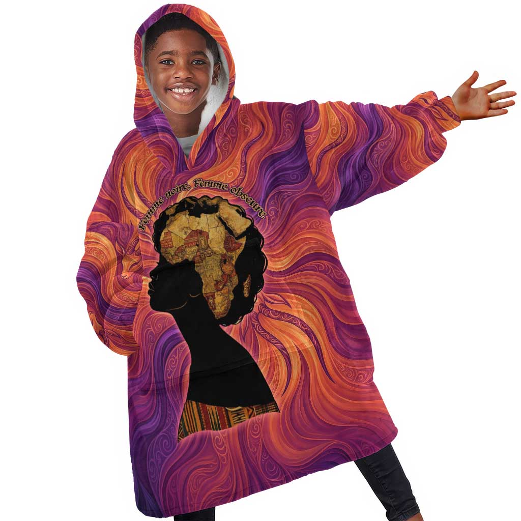 Léopold Sédar Senghor Kid Wearable Blanket Hoodie Femme Noire Silhouette with Africa Map Pattern Vibrant Swirl Background - Wonder Print Shop