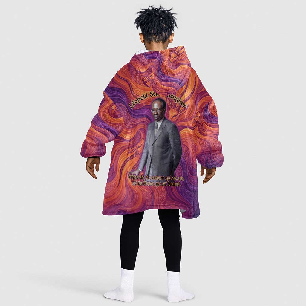 Léopold Sédar Senghor Kid Wearable Blanket Hoodie Femme Noire Silhouette with Africa Map Pattern Vibrant Swirl Background - Wonder Print Shop