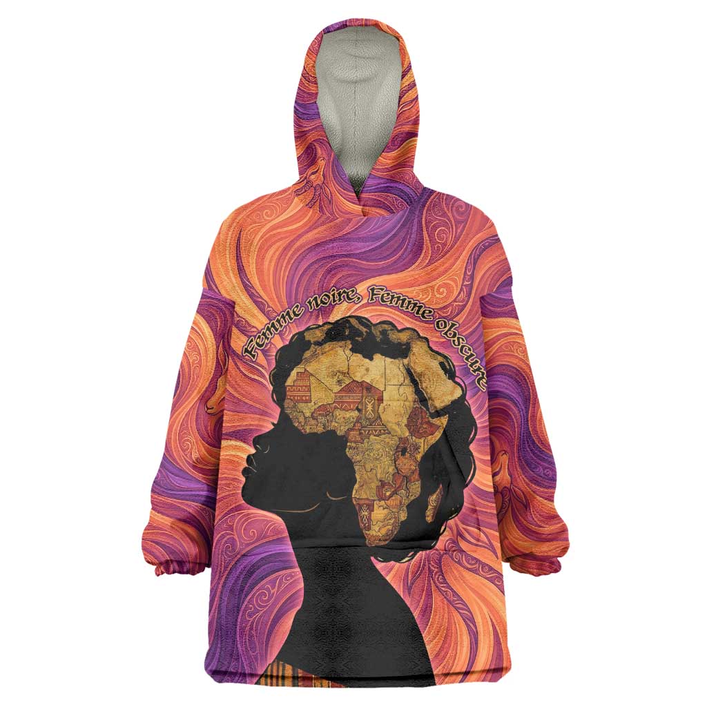 Léopold Sédar Senghor Kid Wearable Blanket Hoodie Femme Noire Silhouette with Africa Map Pattern Vibrant Swirl Background - Wonder Print Shop