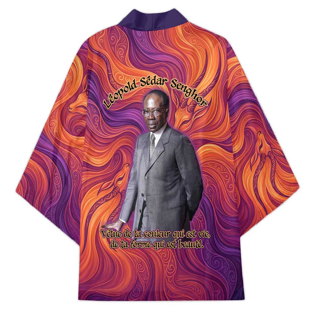 Léopold Sédar Senghor Kimono Femme Noire Silhouette with Africa Map Pattern Vibrant Swirl Background - Wonder Print Shop