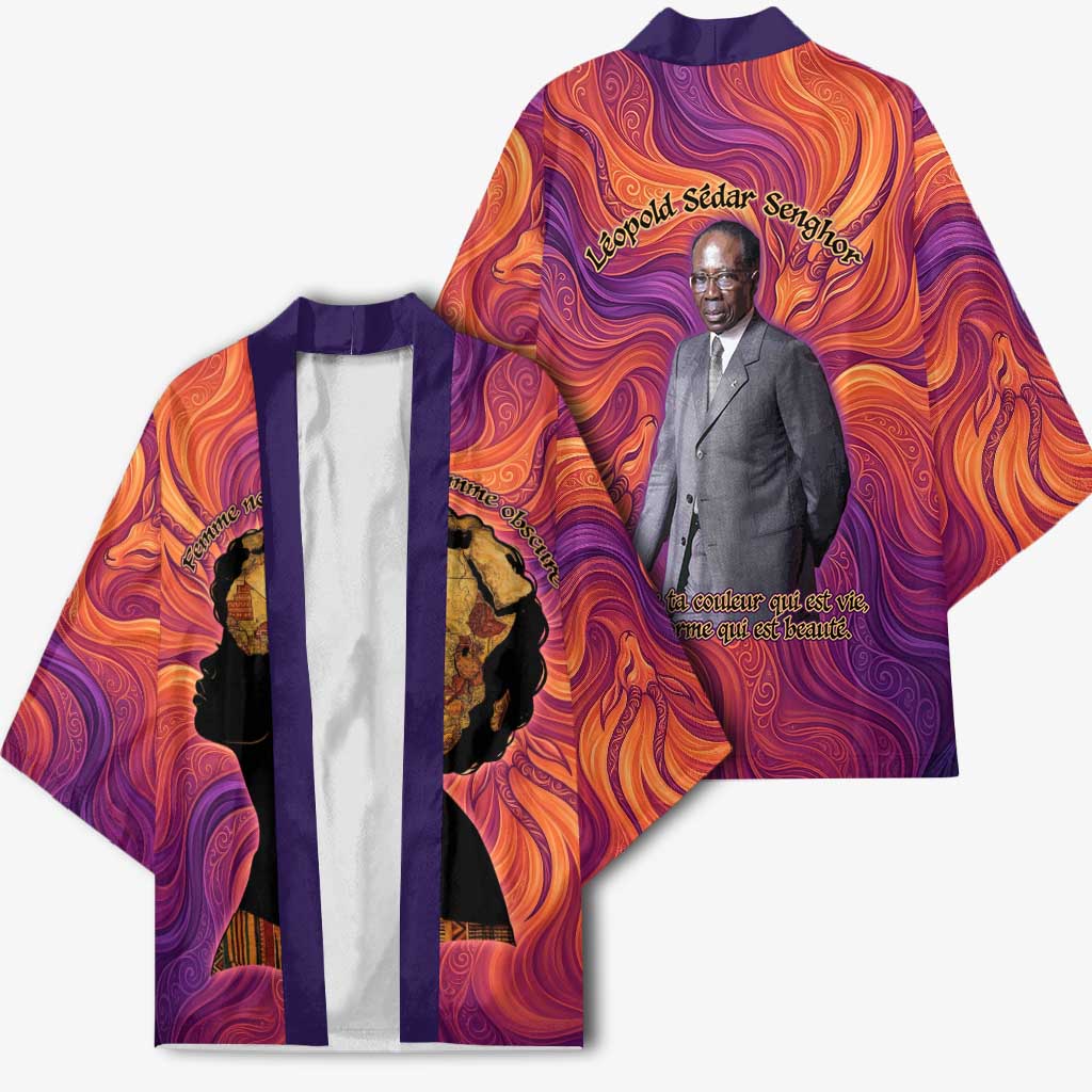 Léopold Sédar Senghor Kimono Femme Noire Silhouette with Africa Map Pattern Vibrant Swirl Background - Wonder Print Shop
