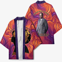 Léopold Sédar Senghor Kimono Femme Noire Silhouette with Africa Map Pattern Vibrant Swirl Background - Wonder Print Shop