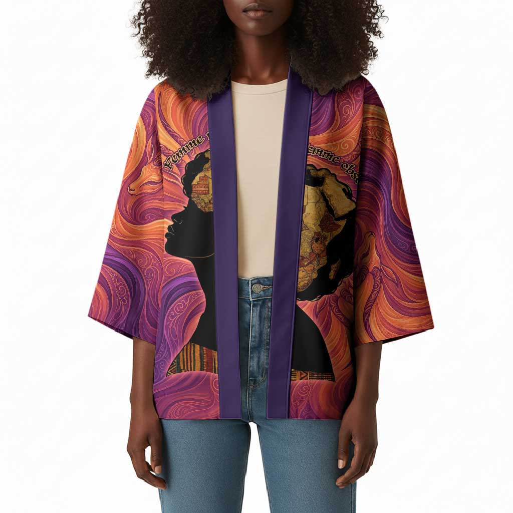 Léopold Sédar Senghor Kimono Femme Noire Silhouette with Africa Map Pattern Vibrant Swirl Background - Wonder Print Shop