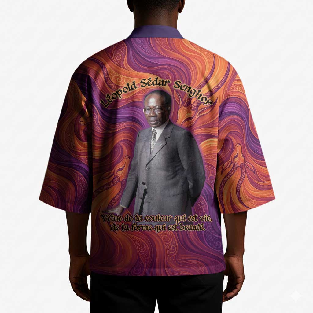 Léopold Sédar Senghor Kimono Femme Noire Silhouette with Africa Map Pattern Vibrant Swirl Background - Wonder Print Shop