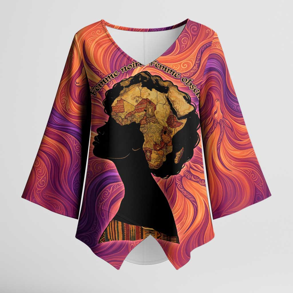 Léopold Sédar Senghor Kimono Sleeve Blouse Femme Noire Silhouette with Africa Map Pattern Vibrant Swirl Background - Wonder Print Shop