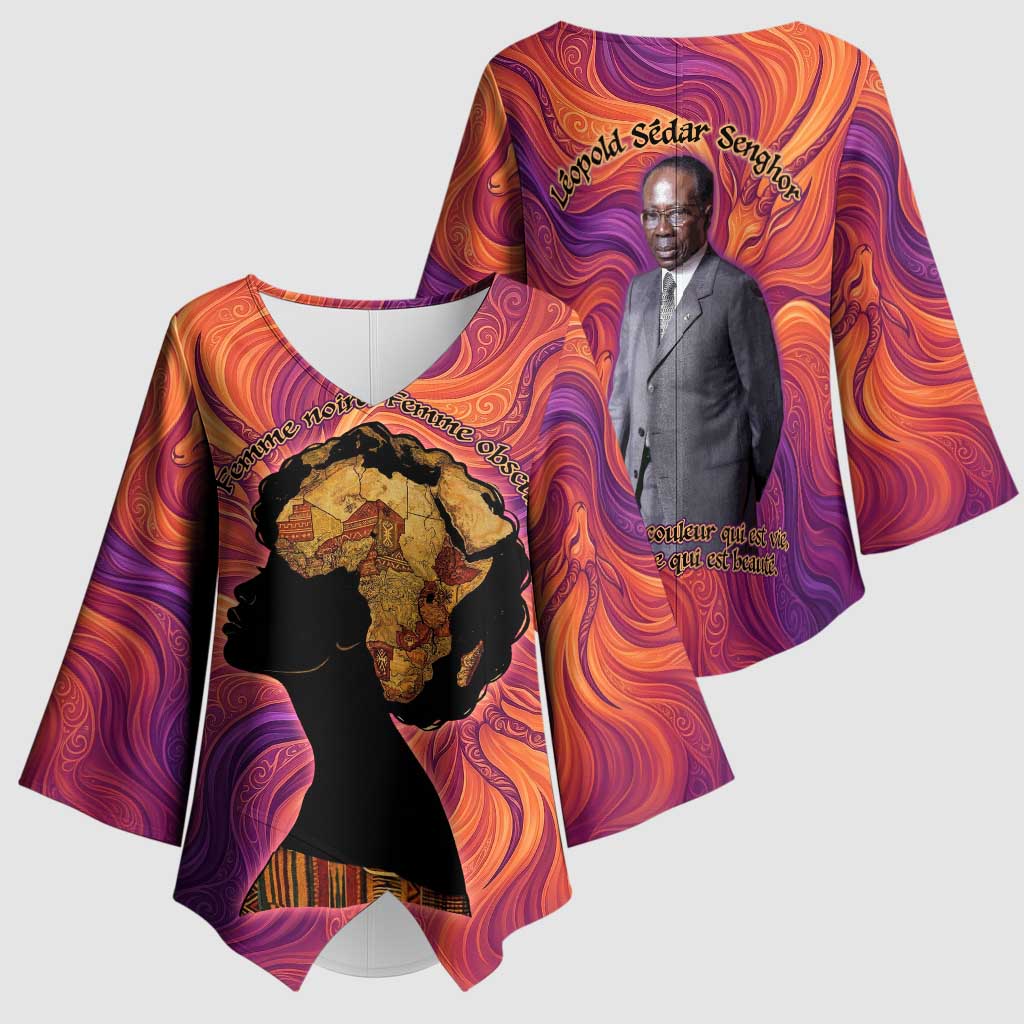 Léopold Sédar Senghor Kimono Sleeve Blouse Femme Noire Silhouette with Africa Map Pattern Vibrant Swirl Background - Wonder Print Shop