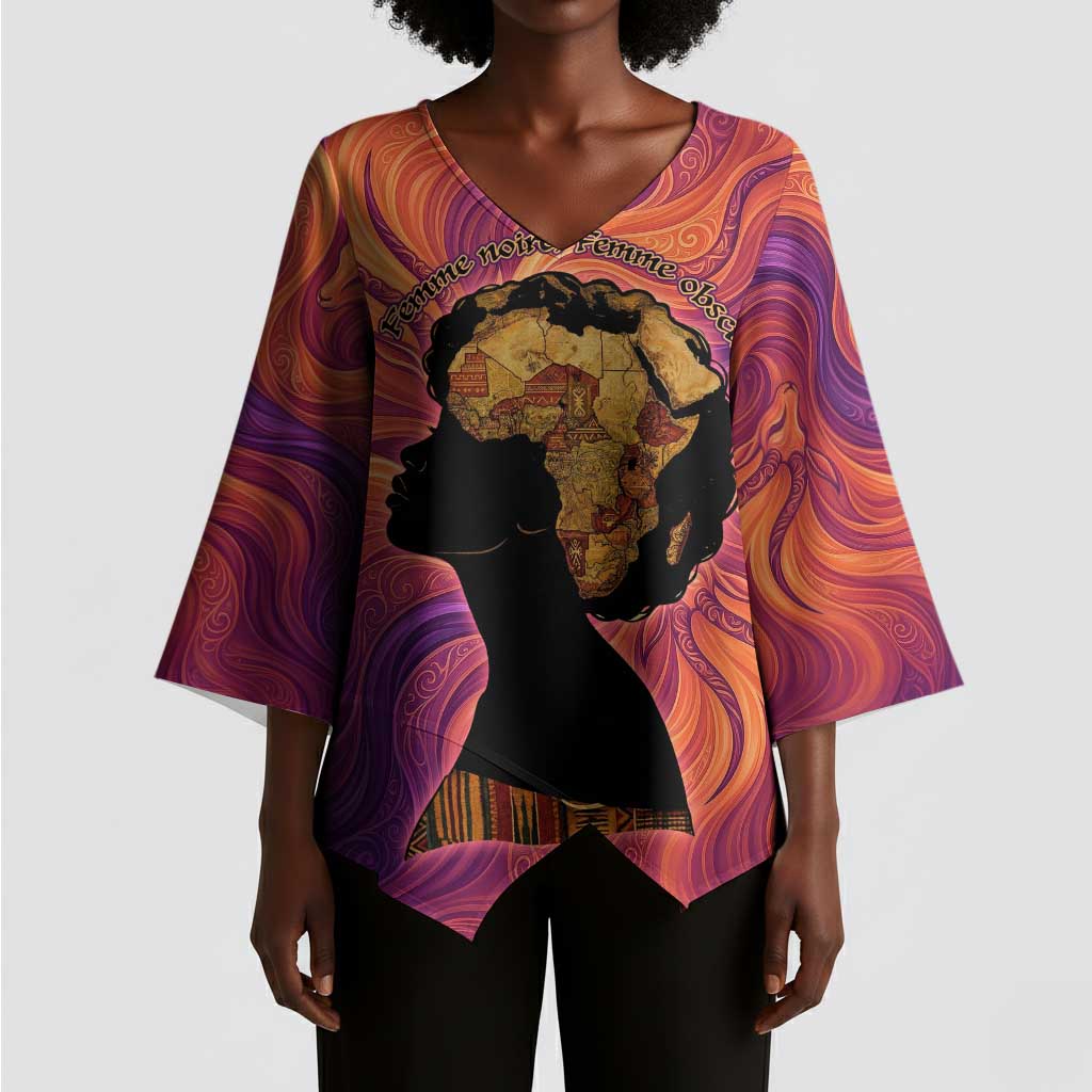Léopold Sédar Senghor Kimono Sleeve Blouse Femme Noire Silhouette with Africa Map Pattern Vibrant Swirl Background - Wonder Print Shop