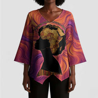 Léopold Sédar Senghor Kimono Sleeve Blouse Femme Noire Silhouette with Africa Map Pattern Vibrant Swirl Background - Wonder Print Shop