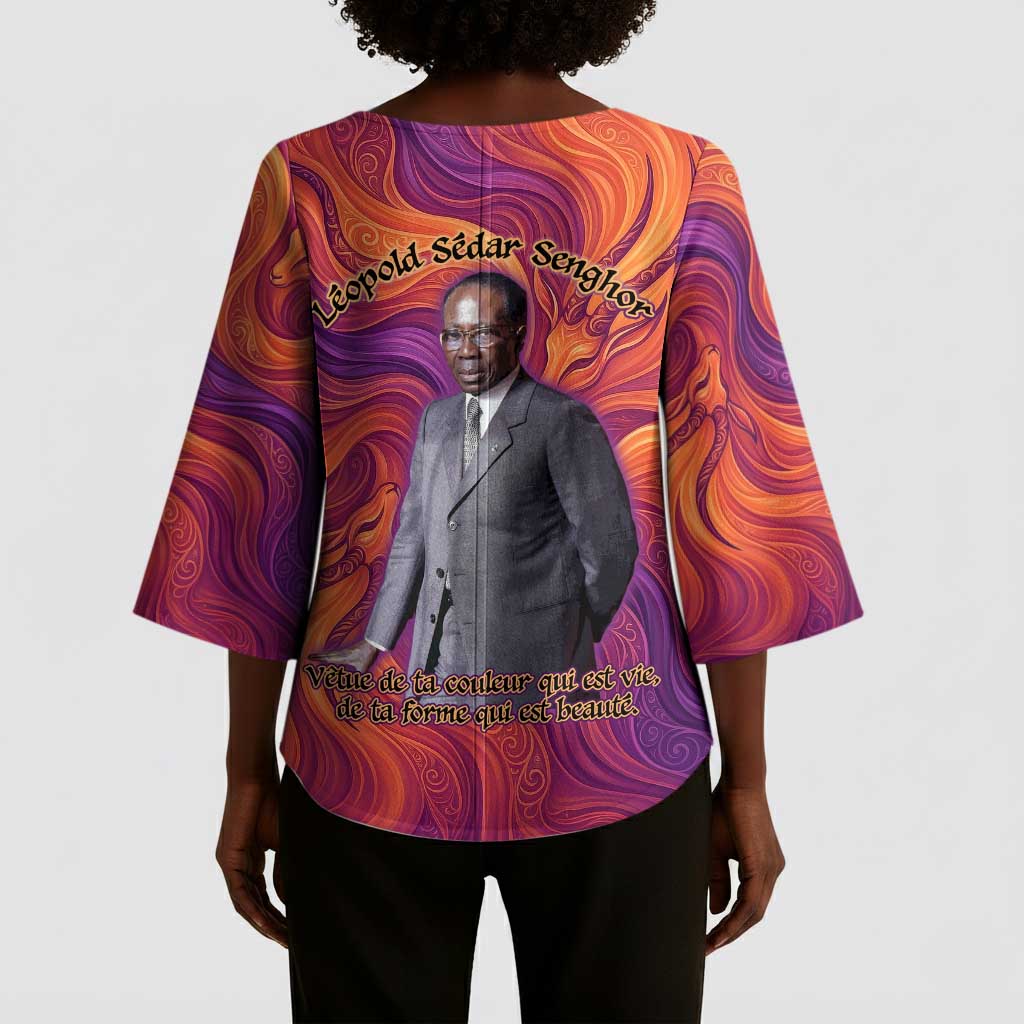 Léopold Sédar Senghor Kimono Sleeve Blouse Femme Noire Silhouette with Africa Map Pattern Vibrant Swirl Background - Wonder Print Shop
