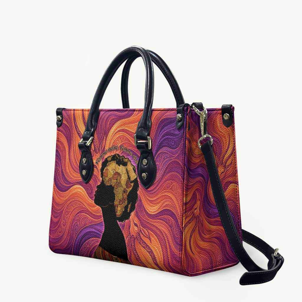 Léopold Sédar Senghor Leather Bag Femme Noire Silhouette with Africa Map Pattern Vibrant Swirl Background - Wonder Print Shop