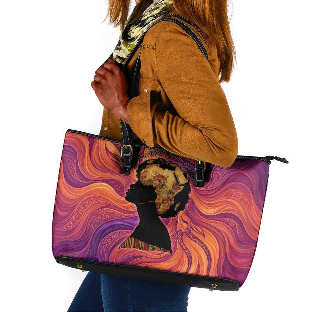 Léopold Sédar Senghor Leather Tote Bag Femme Noire Silhouette with Africa Map Pattern Vibrant Swirl Background - Wonder Print Shop