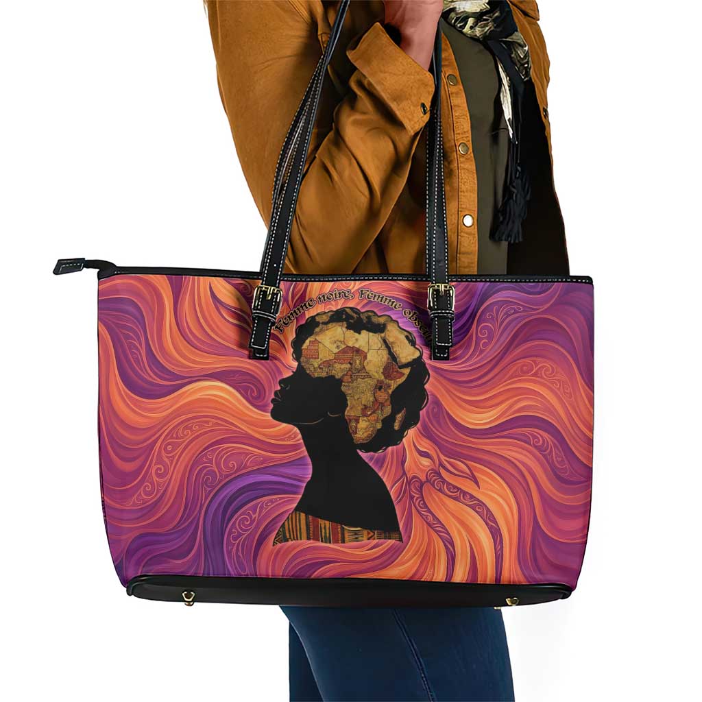 Léopold Sédar Senghor Leather Tote Bag Femme Noire Silhouette with Africa Map Pattern Vibrant Swirl Background - Wonder Print Shop