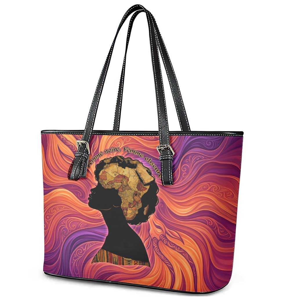 Léopold Sédar Senghor Leather Tote Bag Femme Noire Silhouette with Africa Map Pattern Vibrant Swirl Background - Wonder Print Shop