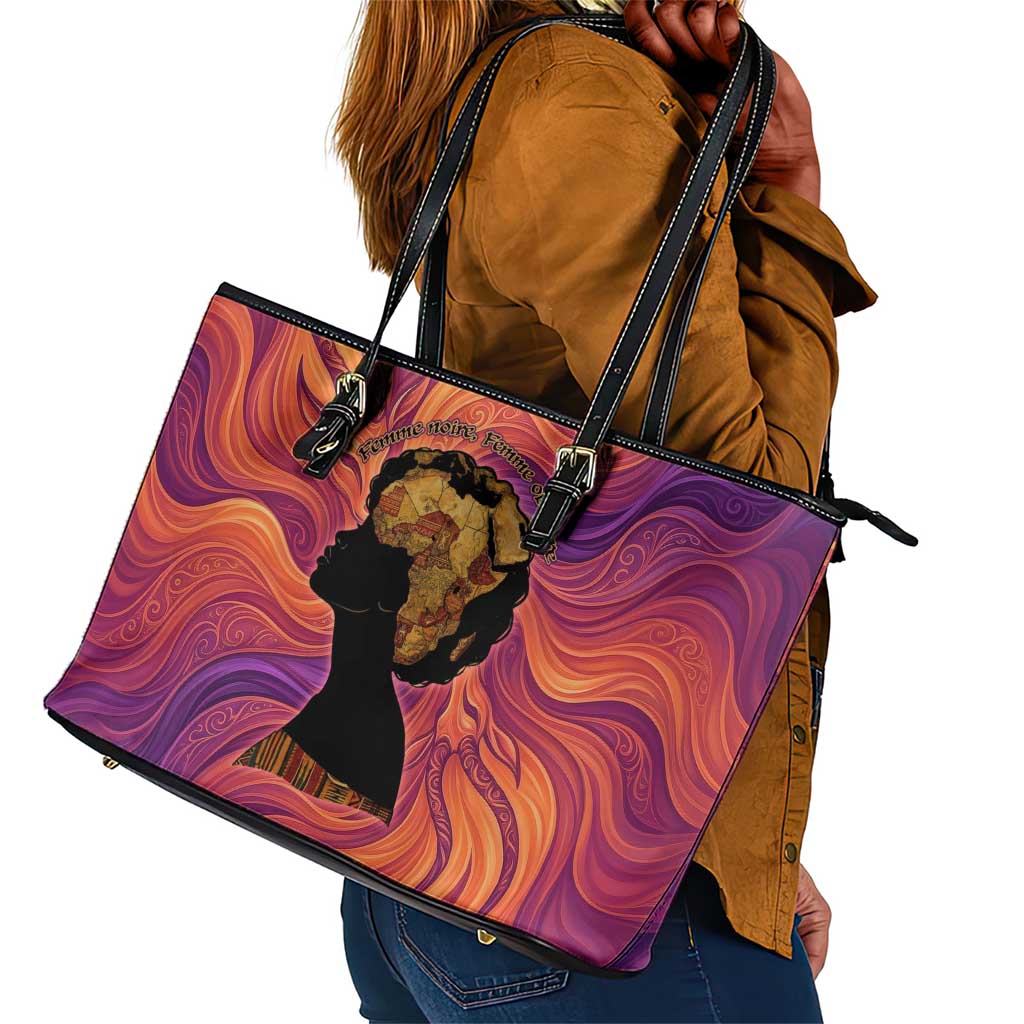 Léopold Sédar Senghor Leather Tote Bag Femme Noire Silhouette with Africa Map Pattern Vibrant Swirl Background - Wonder Print Shop
