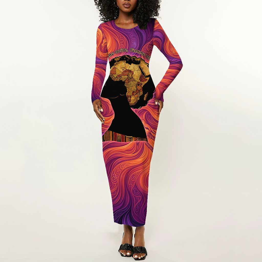 Léopold Sédar Senghor Long Sleeve Bodycon Dress Femme Noire Silhouette with Africa Map Pattern Vibrant Swirl Background - Wonder Print Shop
