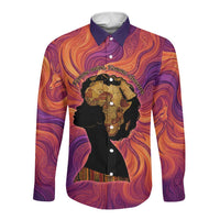 Léopold Sédar Senghor Long Sleeve Button Shirt Femme Noire Silhouette with Africa Map Pattern Vibrant Swirl Background - Wonder Print Shop